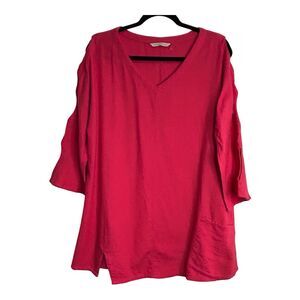 Soft Surroundings Tunic Top Hot Pink Cutout 3/4 Sleeve 100% Cotton Pullover Sz M